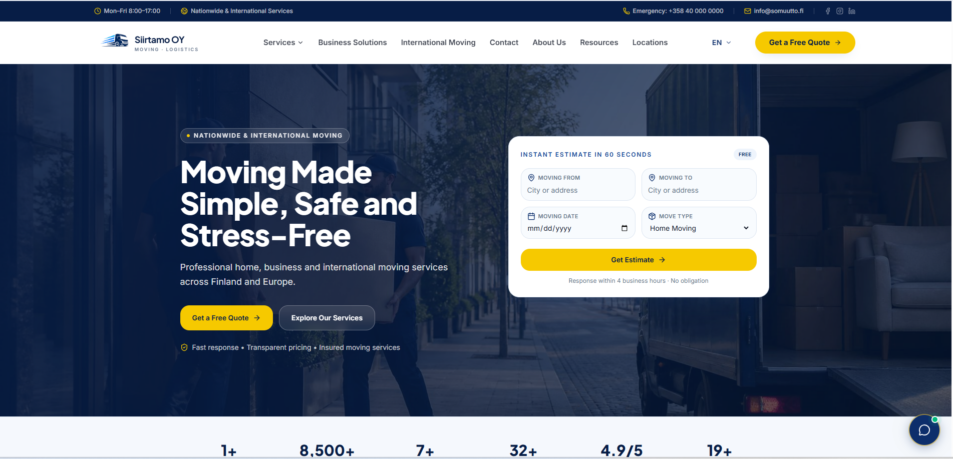 SIIRTAMO OY — MOVING & LOGISTICS PLATFORM interface mockup